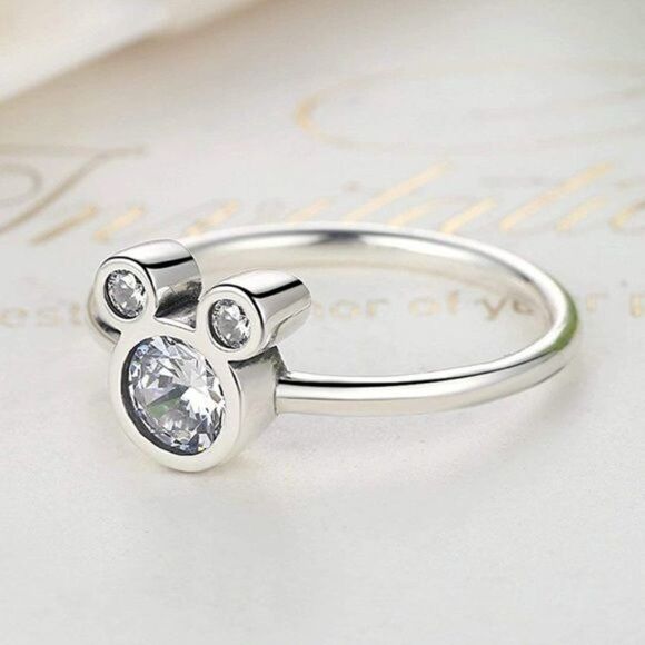 .925 Sterling Silver with White Diamond Cubic Zirconia Mickey Mouse Ring Size 6 - Picture 3 of 6